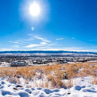 Snowy landscape on a bluebird day in Casper, WY